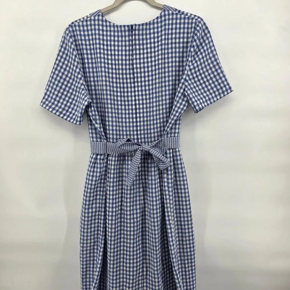 90s Vintage Blue Gingham Check Midi Sz 8 Short Sleeve Tie‎ modest cottagecore